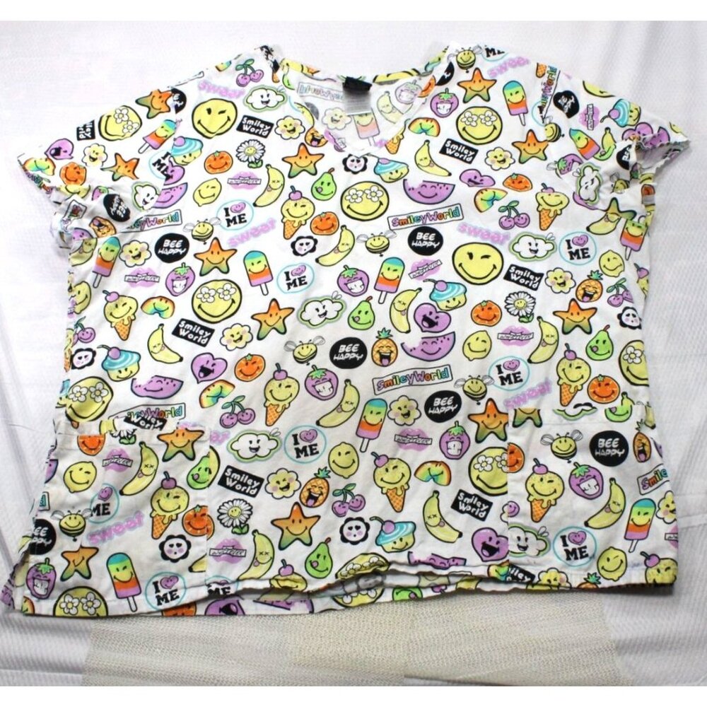 Smiley World Scrub Womens Top V Neck Pockets Short Sleeves 2XL Colorful